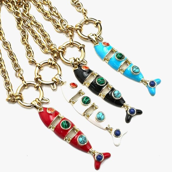 Multi-Gemstone White Enamel Fish Pendant Necklace 18K Gold Plated Chain 17 Inch - Picture 9 of 9